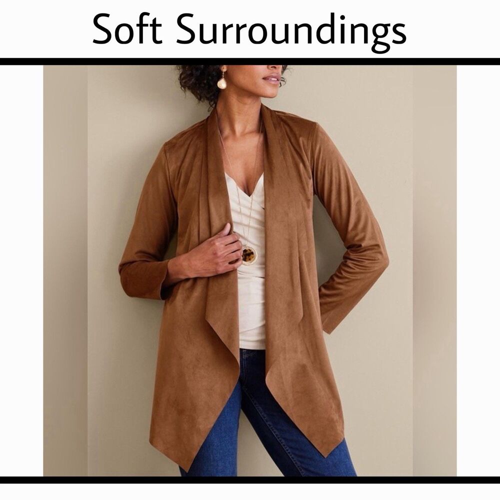 Soft Surroundings Shape Drape Faux Suede Jacket Brown Lagenlook Cardigan Medium